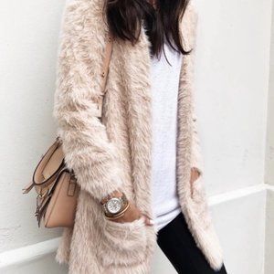 FREE PEOPLE FAUX FUR OPEN CARDIGAN IN ALMOND